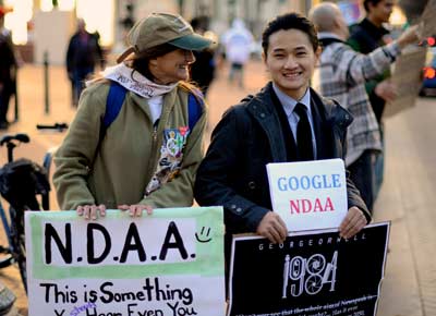 Protesters at an anti-NDAA protest in Portland on February 2, 2012.
