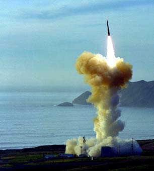 An unarmed LGM-30 Minuteman I Intercontinental Ballistic Missile (ICBM) is launched from Launch Facility 6 at the Vandenberg Air Force Base in May, 2009.