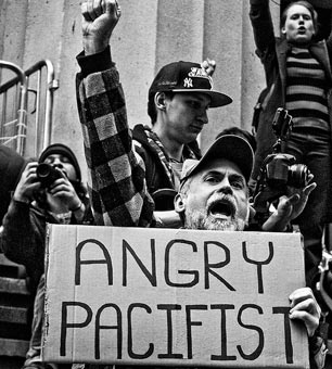 Angry pacifist protester at Occupy Wall Street, April 25, 2012. 