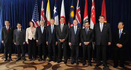 Leaders of the member countries of the Trans-Pacific Strategic Economic Partnership Agreement (TPP) meeting on November 14, 2010.