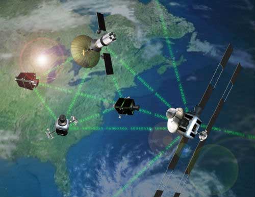 System F6, a cluster of wirelessly interconnected modules that will form an orbital U.S. satellite system impervious to enemy missile attack, shown in this artist's representation over North America, circa 2009. (Image: Defense Advanced Research)