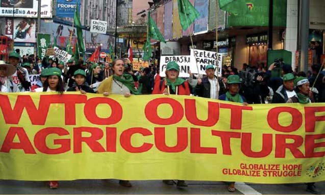 A Via Campesina march in Hong Kong, 2005, demanding an end to WTO trade negotiations over agriculture. (Photo courtesy of Via Campesina)