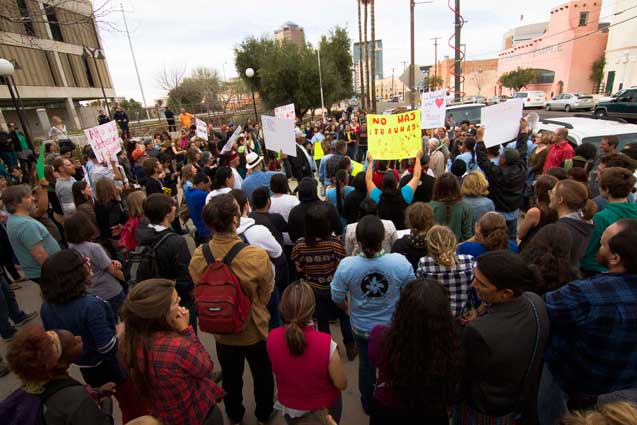 Protesters rally in front of Tucson Police Department headquarters on Monday, February 18. (Photo: Murphy Joseph Woodhouse)