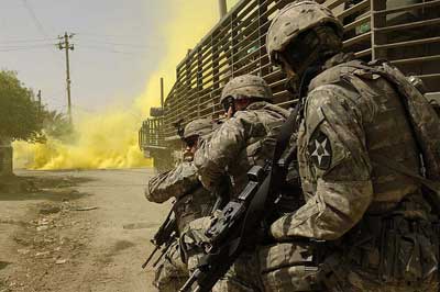 U.S. Army Soldiers from the 1st Stryker Brigade Combat Team engage anti-Iraqi forces in Buhriz, Iraq, March 14, 2007.