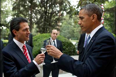 President Barack Obama and President Enrique Peña Nieto of Mexico share a toast prior to a working dinner at Los Pinos, Mexico City, Mexico, May 2, 2013.