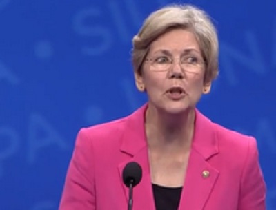 Sen. Elizabeth Warren addresses the delegates of the AFL-CIO 2013 Convention. (Screen grab via <a href=
