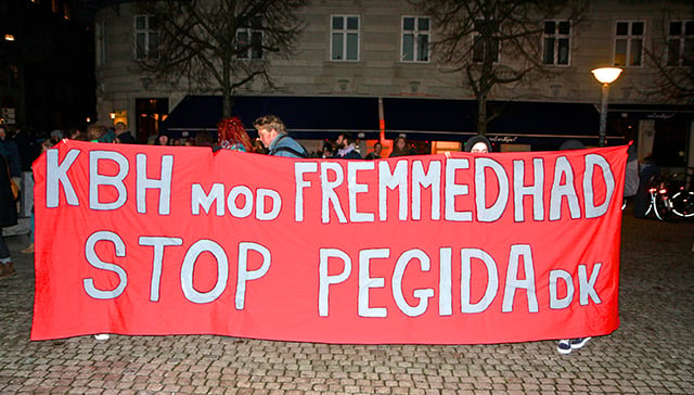 In response to the PEGIDA rally, anti-PEGIDA activists display a “KBH [Copenhagen] against Xenophobia” banner at the counter march. (Photo: Linda Pershing)