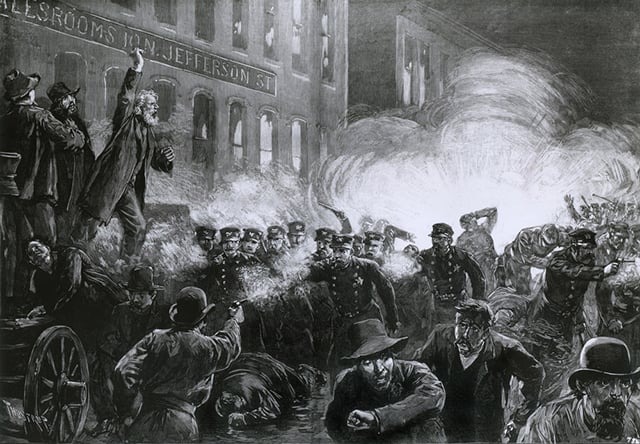 A rendering of the Haymarket Affair on 4 May, 1886 in Chicago, Illinois. A bomb was thrown at a demonstration for worker's rights, killing at least eight people. (Image: Haymarket Riot via Shutterstock)