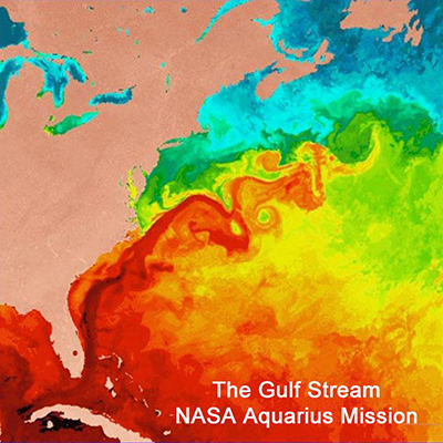Aquarius is a NASA satellite that looks at the oceans in great detail (link). This image maps the flow of the Gulf Stream off the North American East Coast through high-definition water temperature sensing.