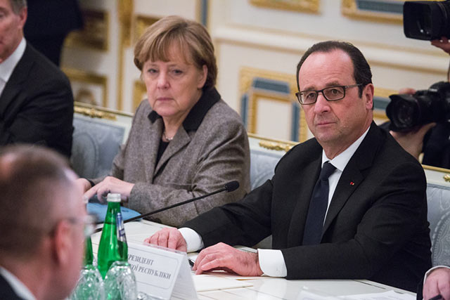 French President Francois Hollande and Chancellor of the Federal Republic of Germany Angela Merkel during an official meeting with President of Ukraine Petro Poroshenko, February 5.