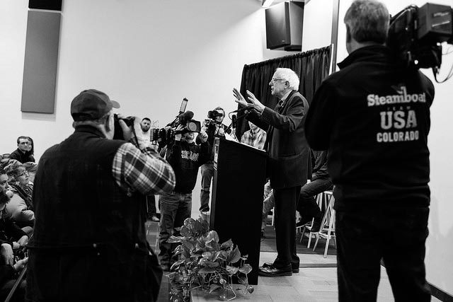 Sen. Bernie Sanders speaks during a town hall event at Drake University in Des Moines, Iowa, on Friday, February 20, 2015.