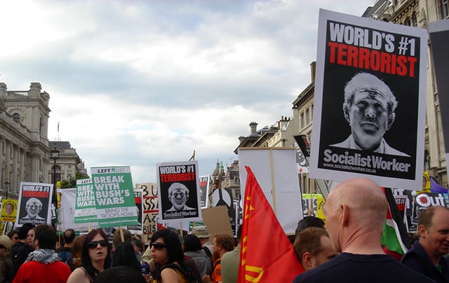 8 June, 2008: Protesters gather at anti-Bush rally at Whitehall, in London, England. (Photo via Shutterstock)