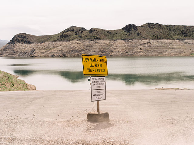 Grim signs of the West’s shrinking water reserves are everywhere. Above: A beleaguered boat ramp at Lake Mead near Las Vegas. Below: Lake Powell has recently fluctuated between 39 and 51 percent of capacity. If the drought ended tomorrow, it would take 10 years for it to fill back up. (Michael Friberg / ProPublica)