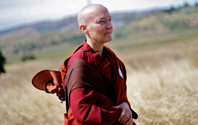 Ayya Santussika Bhikkhuni, who is part of Buddhist Climate Action Network, joined the walk from her monastery in Mountain View. “We want to approach climate change from the Buddhist perspective, which is fully supportive of life and believes in not causing harm. It is my responsibility as a spiritual teacher to speak out about climate change. We have an economic system that is condemning so many people to poverty, starvation and suffering. As climate change progresses, we know there is devastation for so many people,” she shared. (Photo: Rucha Chitnis)