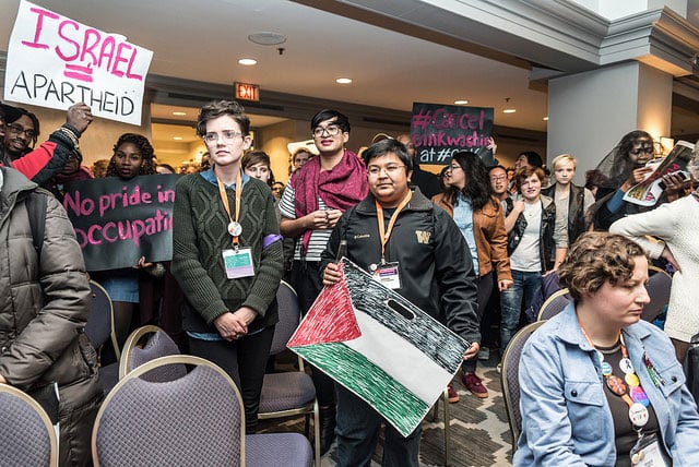 At the National LGBTQ Task Force's Creating Change 2016 conference, protesters call for an end to 'pinkwashing,' or the co-optation of LGBTQ rights by Israel advocacy organizations as a means to divert attention from the Israeli occupation.