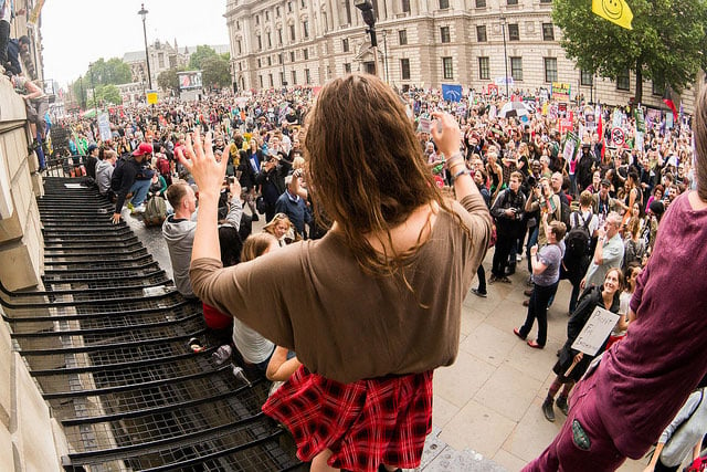 Protesters demonstrate against austerity in London, June 20, 2015.