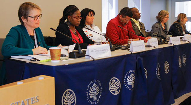 Four winners of Diakonia Latinoam&eacute;rica's 2016 Premio Nacional a la Defensa de los Derechos Humanos en Colombia sit at a panel in the United States Institute of Peace in Washington, DC. (Photo: Angelika Albaladejo / Latin American Working Group)