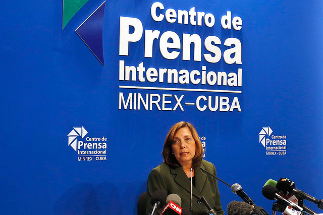 Josefina Vidal, director general of the Cuban foreign ministry’s U.S. Division, after reading out an official communiqué Feb. 18 on the historic Mar. 21-22 visit to the country by U.S. President Barack Obama. (Photo: Jorge Luis Baños / IPS)
