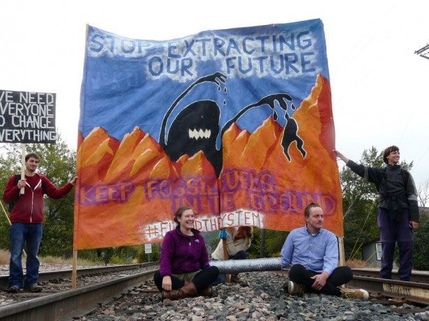 Protesters block a coal train from entering downtown Missoula in 2015.