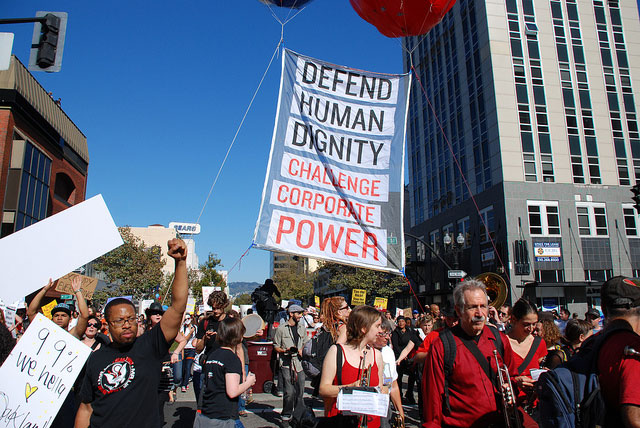 Peaceful protesters join in a general strike in Oakland, CA, November, 2011.