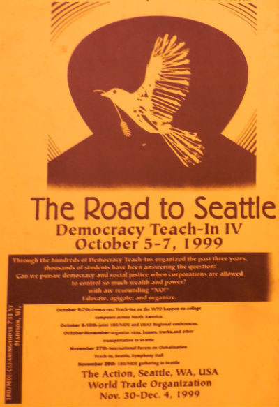 Promotional ad for the fourth wave of Democracy Teach-Ins in the lead-up to the Seattle 1999 WTO protests. (Image: Eric Allin)