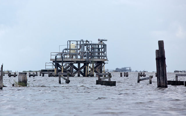 Oil and Gas industry platform at the mouth of Rattlesnake Bayou. (Photo: Julie Dermansky)