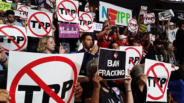 Sanders delegates from California protest against the Trans-Pacific Partnership at the 2016 Democratic National Convention in Philadelphia. (Photo: Lauren Steiner)