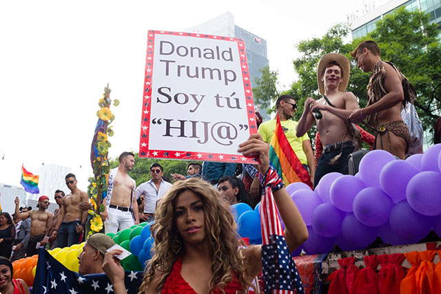 A participant in Mexico City’s Gay Pride Parade on June 25, 2016 held a sign that roughly translates as, 