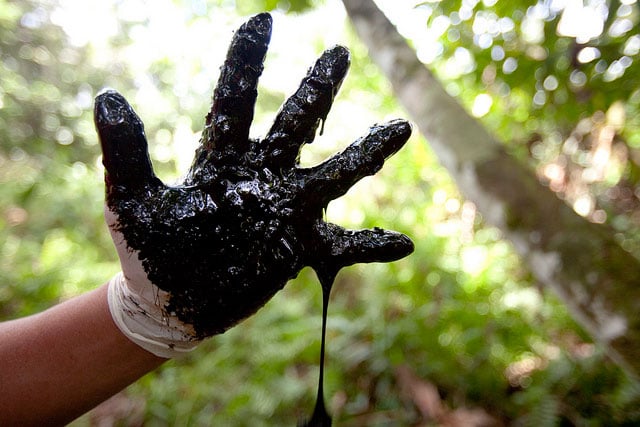 A hand covered in crude oil from one of the hundreds of open toxic pits Chevron abandoned in the Ecuadorean Amazon rainforest, near Lago Agrio, in a photo taken on April 15, 2010. (Photo: Rainforest Action Network)