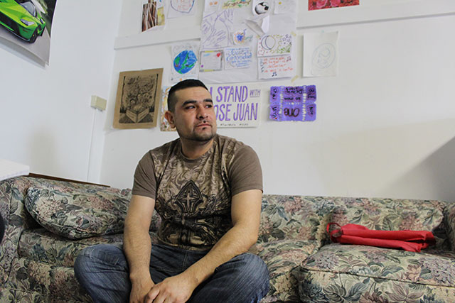 Jose Juan Moreno sits in the room at the University Church on Chicago’s Southside where he has sought sanctuary from ICE since April. (Photo: Hoda Katebi)