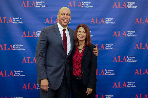 LA president, Sari Feldman (right) of the Cuyahoga County Public Library, in Parma, Ohio, with U.S. Senator Cory Booker (D-NJ), has worked to show how libraries are adapting to meet communities’ ever-changing needs.