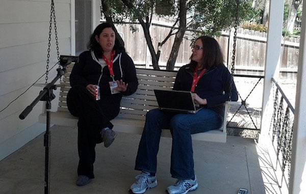 Bonnie Tijerina, right, founded the Library Idea Drop House, a laidback salon-style place to discuss ideas for libraries, which coincides with SXSW. She’s shown here talking with Judy Siegel about UX in libraries.