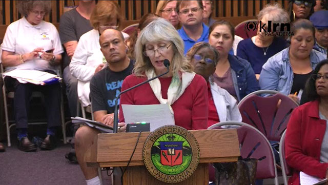 Retired teacher Julie Romero McKune spoke at the October 27, 2016 PUSD Board meeting, where she called on the district to look into cheating allegations under Principal Ruelas. (Photo: PUSD Board Meeting screenshot)