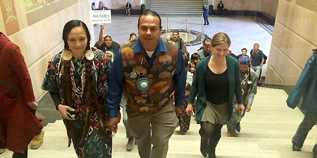 Yakama Nation Chairman JoDe Goudy and his wife, Maranda Goudy, and Anna Mae Leonard of the Confederated Tribes of Warm Springs, at a rally at the Oregon State Capitol opposing plans for a Nestlé water-bottling plant in the Columbia River Gorge. (Photo: Food & Water Watch)