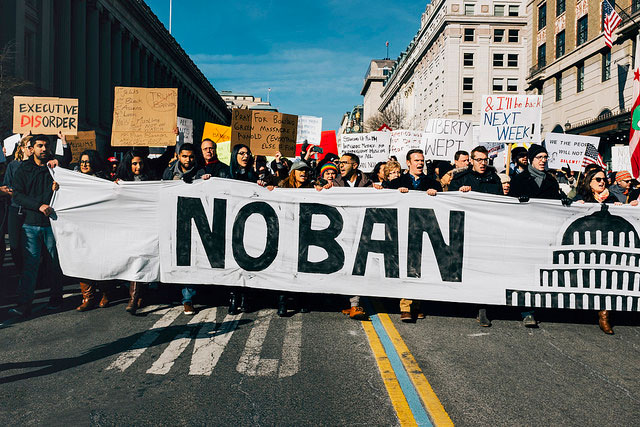 Protesters march on the Capitol against the Muslim Ban in Washington DC, February 4, 2017.