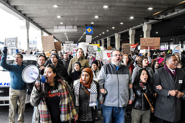 Protestors rally against the travel ban at Philadelphia International Airport on January 29, 2017. 