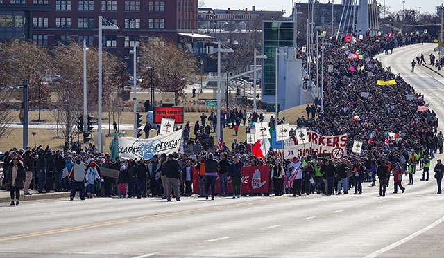 Demonstrators take part in the Day Without Latinos, Immigrants and Refugees march in Milwaukee, Wisconsin, on February 13, 2017. (Photo: Sue Ruggles)