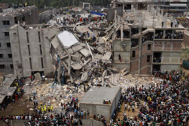 The collapsed Rana Plaza building near Dhaka, Bangladesh, May 13, 2013. (Photo: Jaber Al Nahian)
