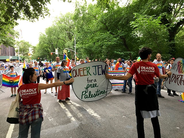 A group of queer and trans Jewish activists and allies organized by Jewish Voice for Peace protests in the path of the Celebrate Israel parade's LGBT contingent in New York City on June 4, 2017. (Photo: Mike Henrich)