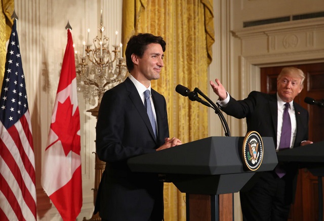 US President Donald Trump and Canadian Prime Minister Justin Trudeau participate in a joint news conference in the East Room of the White House on February 13, 2017, in Washington, DC. 