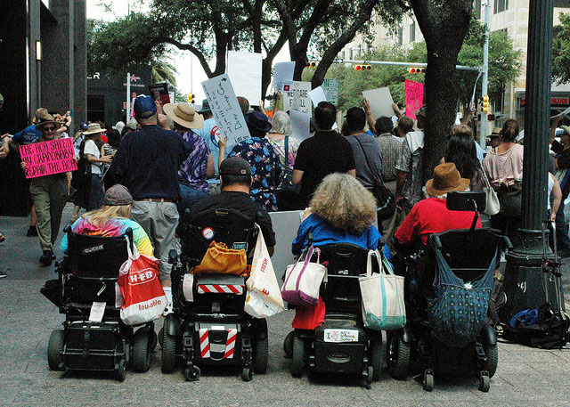 Activists with disabilities demonstrate against Trumpcare in Austin, Texas, July 6, 2017. (Photo: Carlos Lowry)