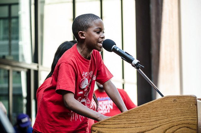 A young activist speaks at a rally protesting recent school closings in Chicago, Illinois, May 30, 2013. (Photo: Sarah Ji)