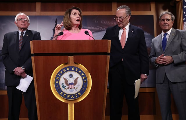 House Minority Leader Nancy Pelosi (second left) answers questions with (left to right) U.S. Sen. Bernie Sanders , Senate Minority Leader Chuck Schumer and Rep. John Yarmouth during a press conference at the U.S. Capitol May 23, 2017 in Washington, DC. (Photo: Win McNamee / Getty Images)