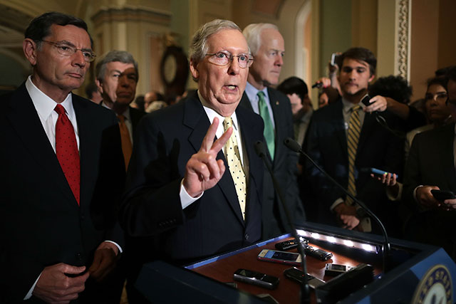 Senate Majority Leader Mitch McConnell (R-KY) (C) talks to reporters with Sen. John Barrasso (R-WY) (L) and Senate Majority Whip John Cornyn (R-TX) at the U.S. Capitol July 18, 2017 in Washington, DC. The health care crisis will persist despite the collapse of the Republicans' anti-Obamacare crusade. (Photo: Chip Somodevilla / Getty Images)