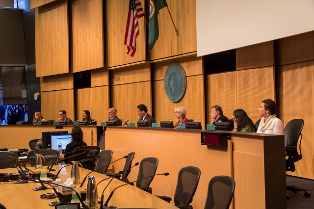 The Seattle City Council convening for a meeting on January 28, 2017.