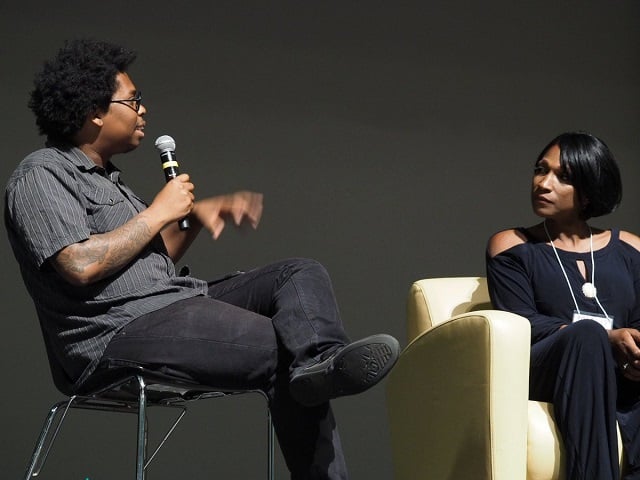 Woods Ervin (left) and Monica James (right) in conversation at the keynote address, ICOPA2017. Photo courtesy of Rustbelt Abolitionist Radio from Detroit.