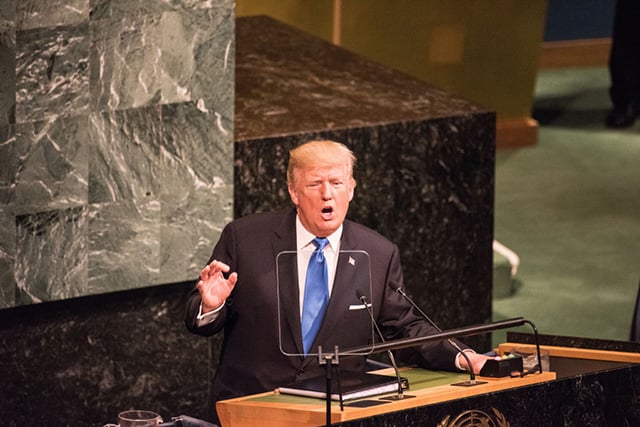 Donald Trump gestures he addresses the 72nd UN General Assembly. (Photo: Andy Katz / Pacific Press / LightRocket via Getty Images)