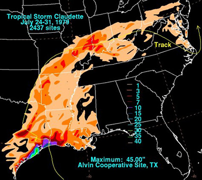 The U.S. Continental 24-hour rainfall record was set in Alvin in 1979 during tropical storm Claudette. Claudette’s rains of greater than 24 inches covered 400 to 500 square miles. David Roth, Weather Prediction Center, Camp Springs, Maryland National Oceanic and Atmospheric Administration, NOAA.