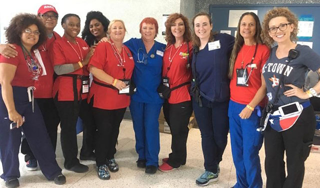 Group from Harvey Deployment (Rhonda is center, Dotty must have been sleeping at the time due to working the night shift). (Photo courtesy of National Nurses United)