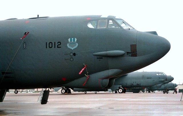 U.S. B-52 bombers stand ready March 5, 2003 at Barksdale Air Force Base in Louisiana. (Photo by Mario Villafuerte/Getty Images)